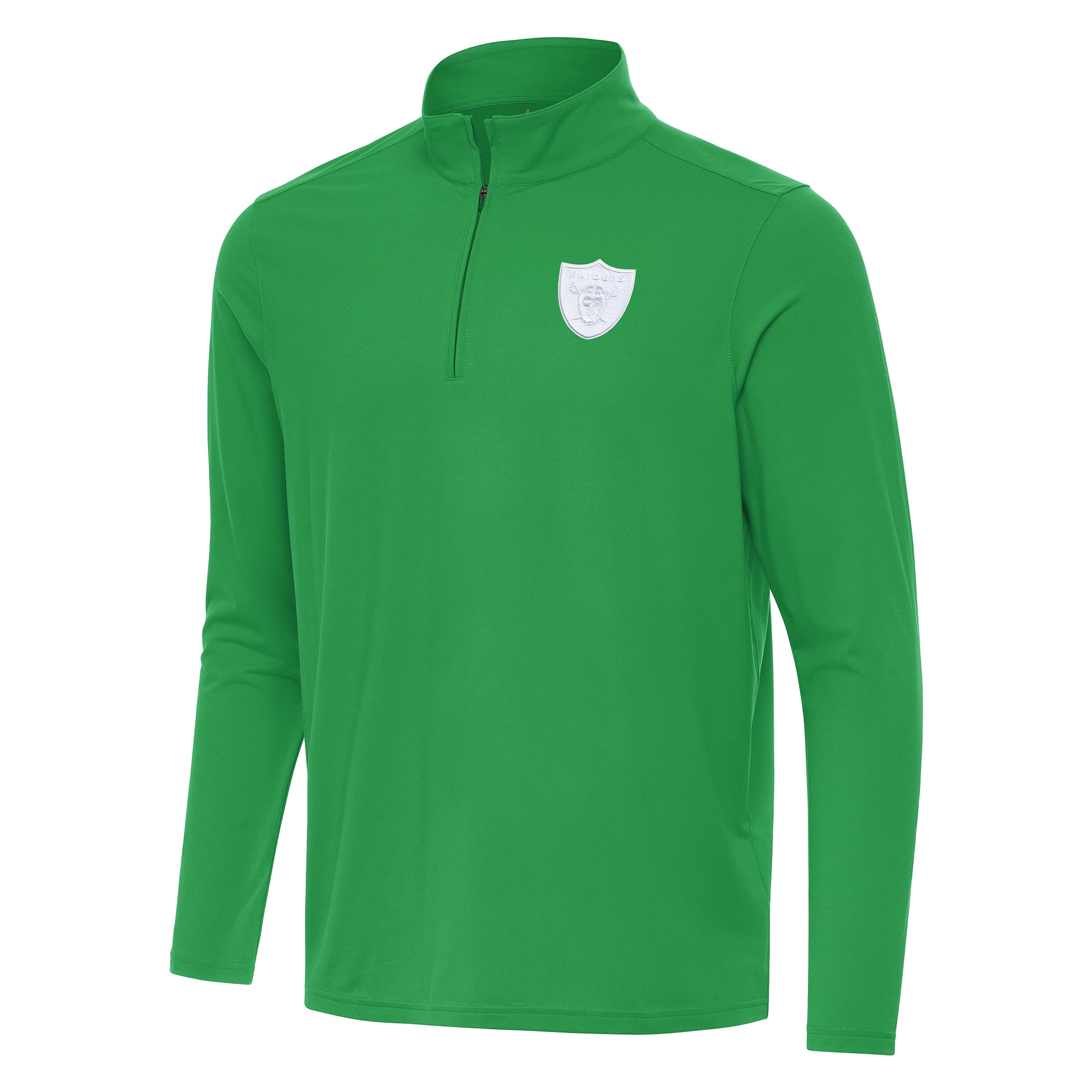 Pull à col zippé Antigua vert Kelly pour homme, Las Vegas Raiders, édition spéciale Saint-Patrick